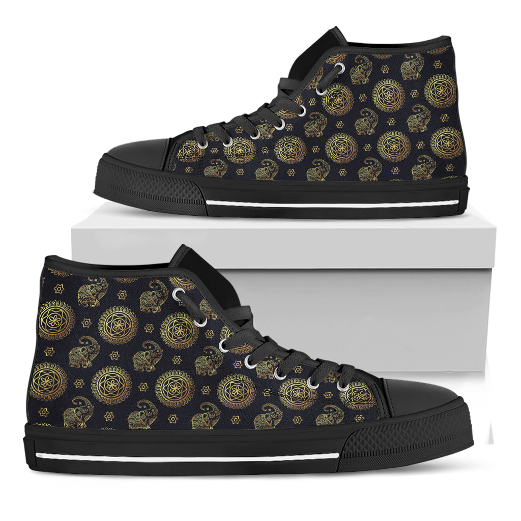 Blue And Gold Tribal Elephant Print Black High Top Shoes