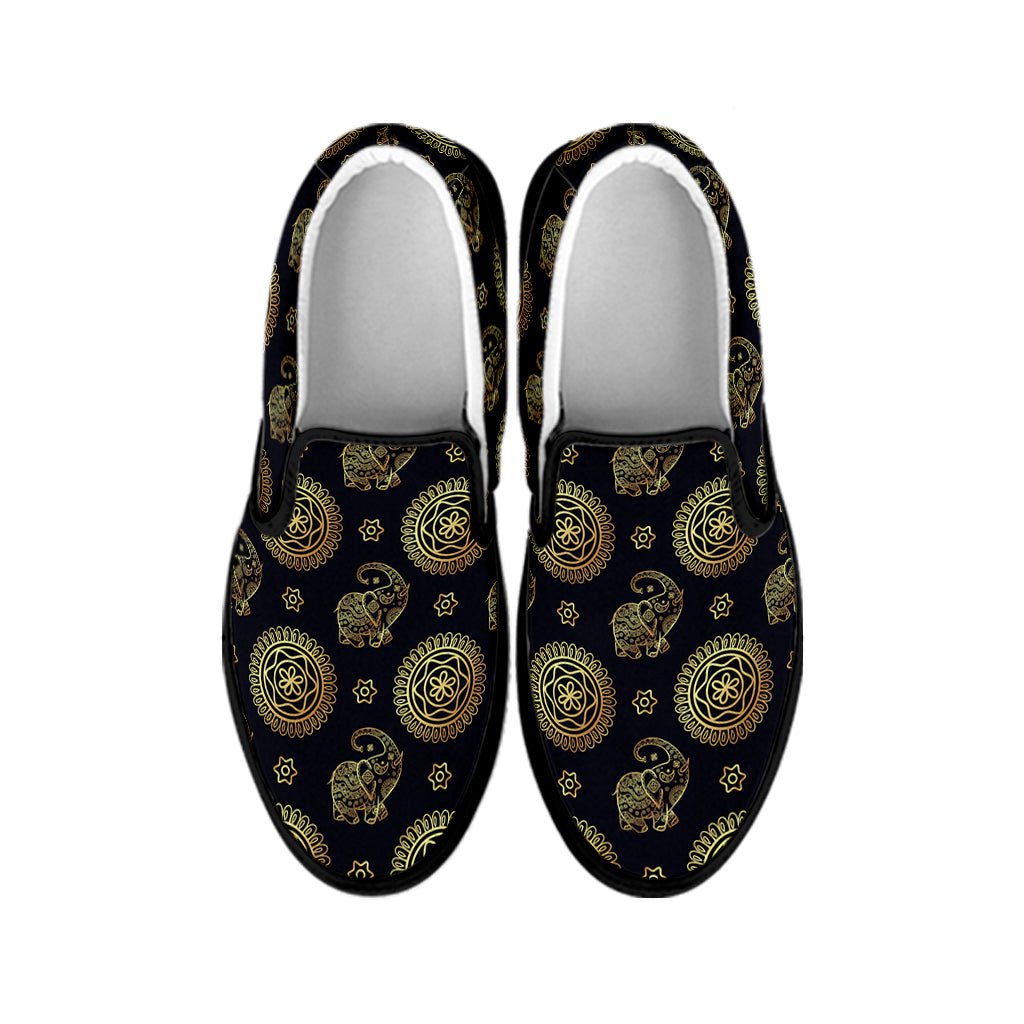 Blue And Gold Tribal Elephant Print Black Slip On Shoes