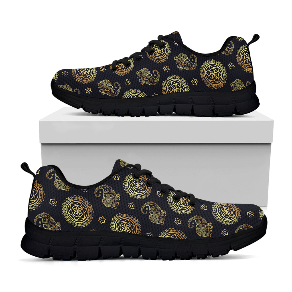 Blue And Gold Tribal Elephant Print Black Sneakers