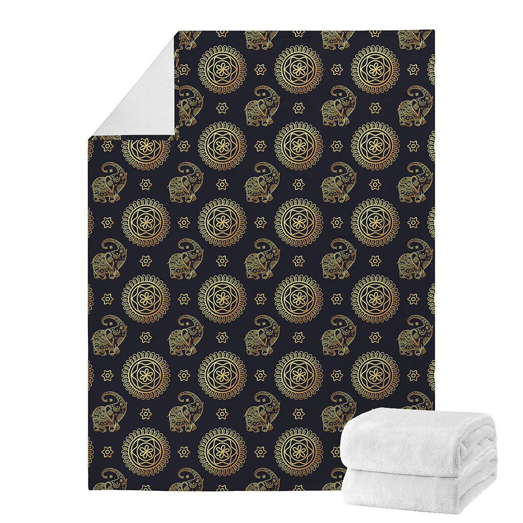 Blue And Gold Tribal Elephant Print Blanket