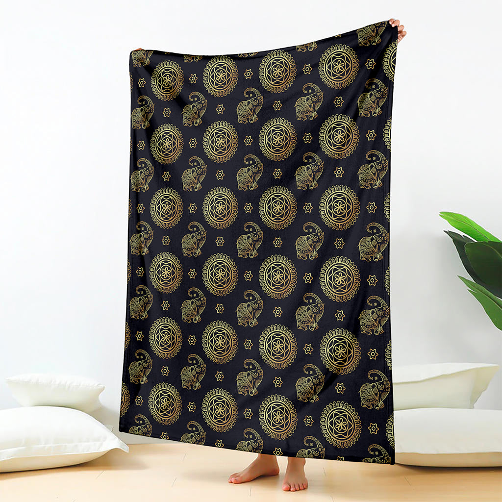 Blue And Gold Tribal Elephant Print Blanket