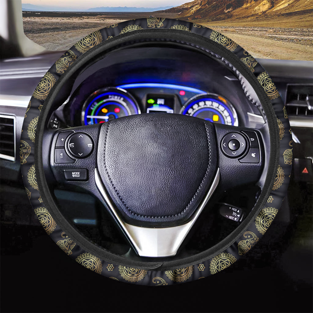 Blue And Gold Tribal Elephant Print Car Steering Wheel Cover