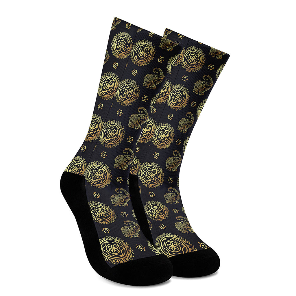 Blue And Gold Tribal Elephant Print Crew Socks