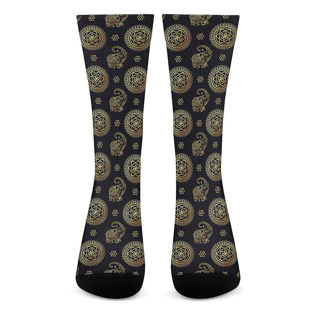 Blue And Gold Tribal Elephant Print Crew Socks