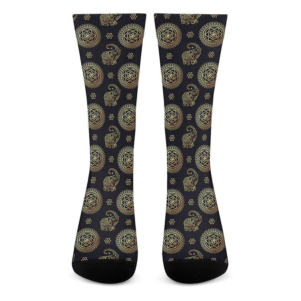 Blue And Gold Tribal Elephant Print Crew Socks