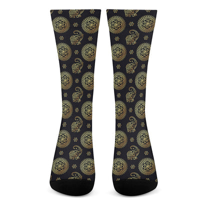 Blue And Gold Tribal Elephant Print Crew Socks