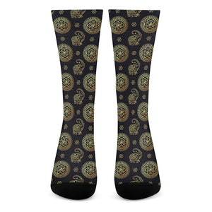 Blue And Gold Tribal Elephant Print Crew Socks