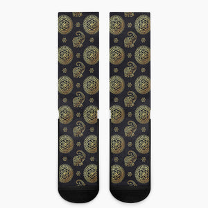 Blue And Gold Tribal Elephant Print Crew Socks