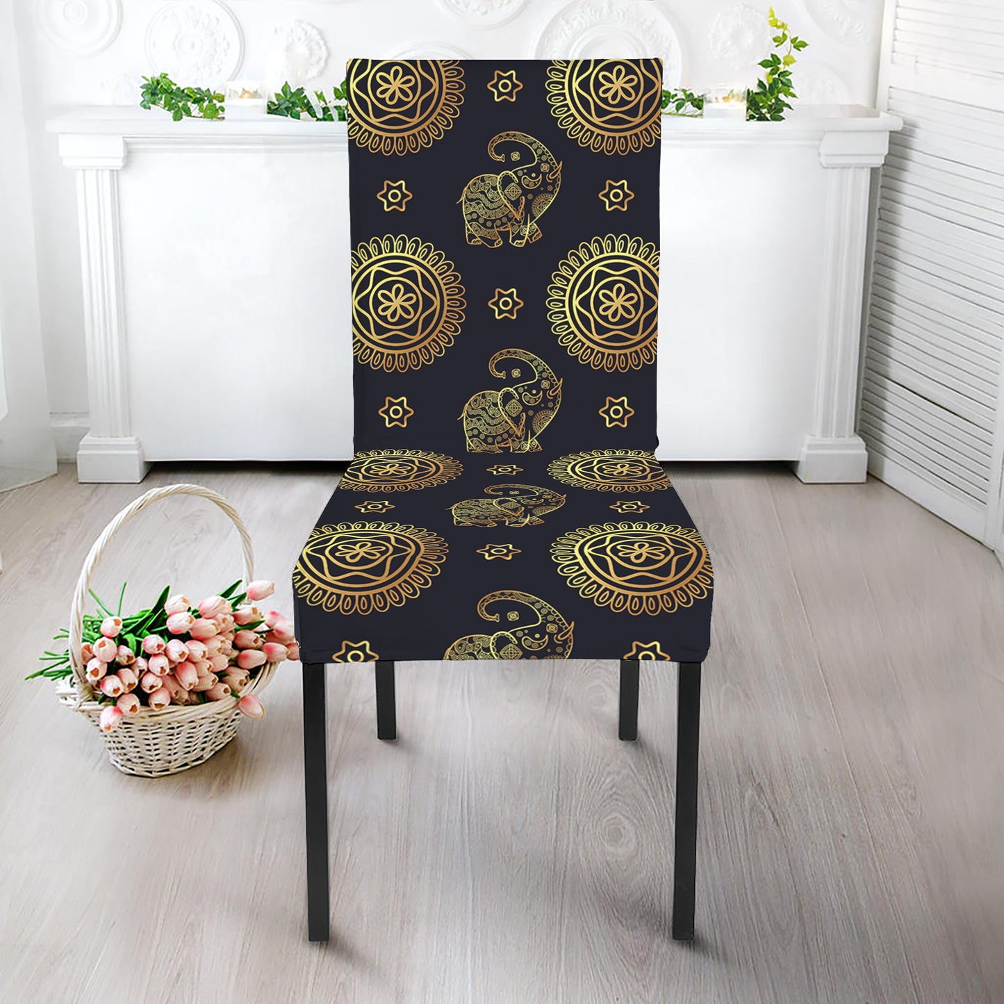 Blue And Gold Tribal Elephant Print Dining Chair Slipcover