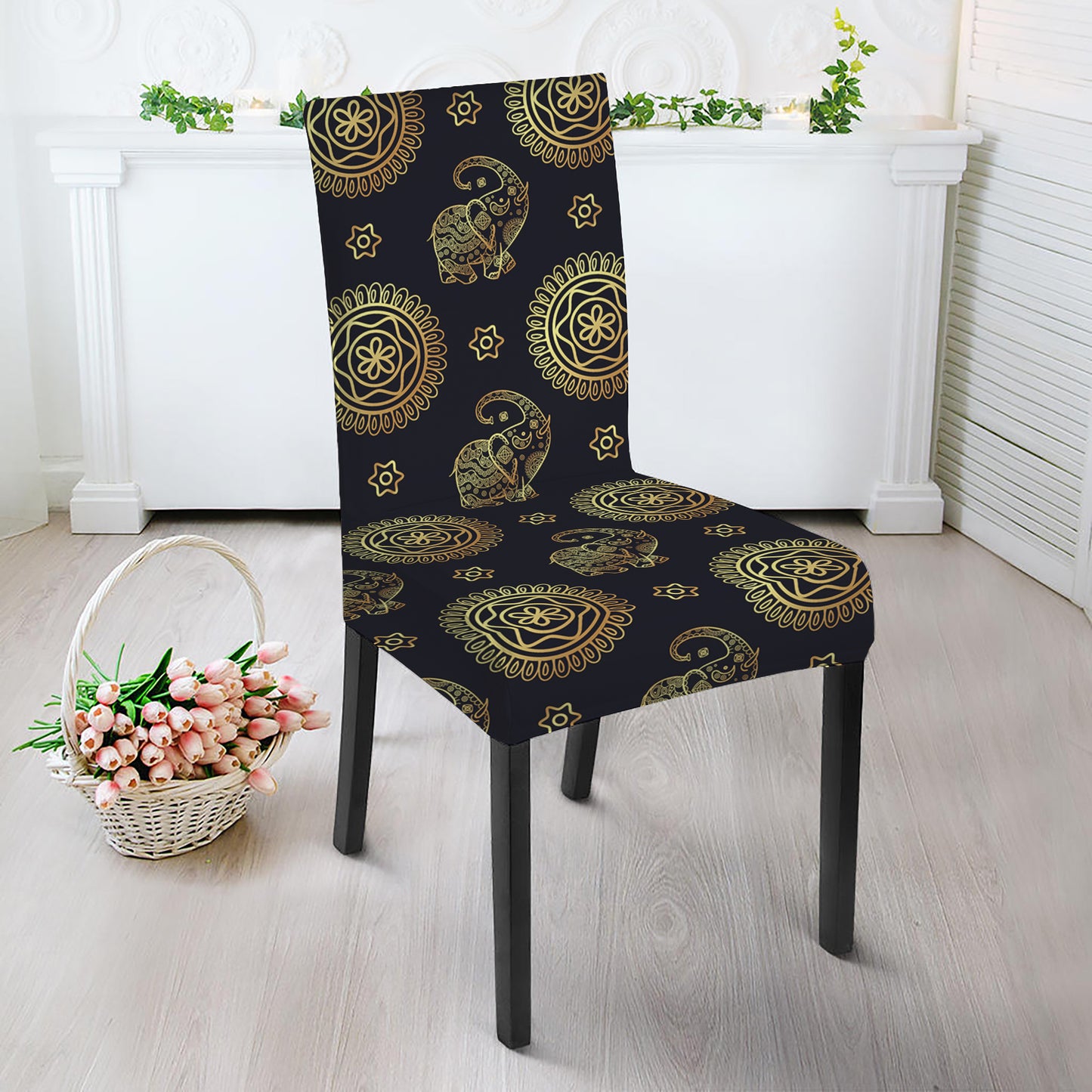 Blue And Gold Tribal Elephant Print Dining Chair Slipcover