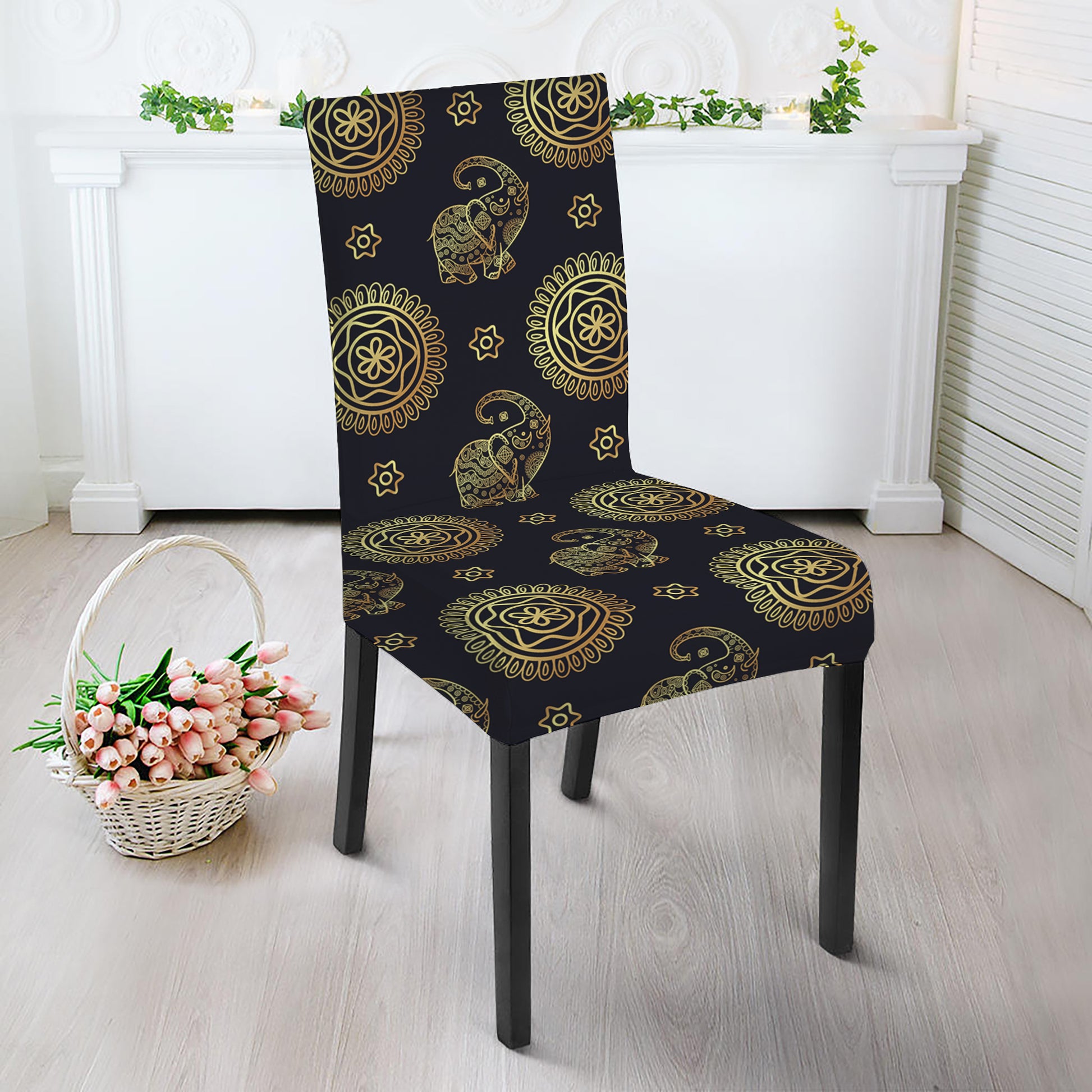 Blue And Gold Tribal Elephant Print Dining Chair Slipcover