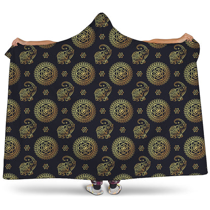 Blue And Gold Tribal Elephant Print Hooded Blanket