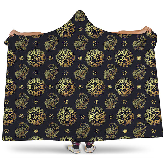 Blue And Gold Tribal Elephant Print Hooded Blanket