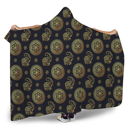 Blue And Gold Tribal Elephant Print Hooded Blanket