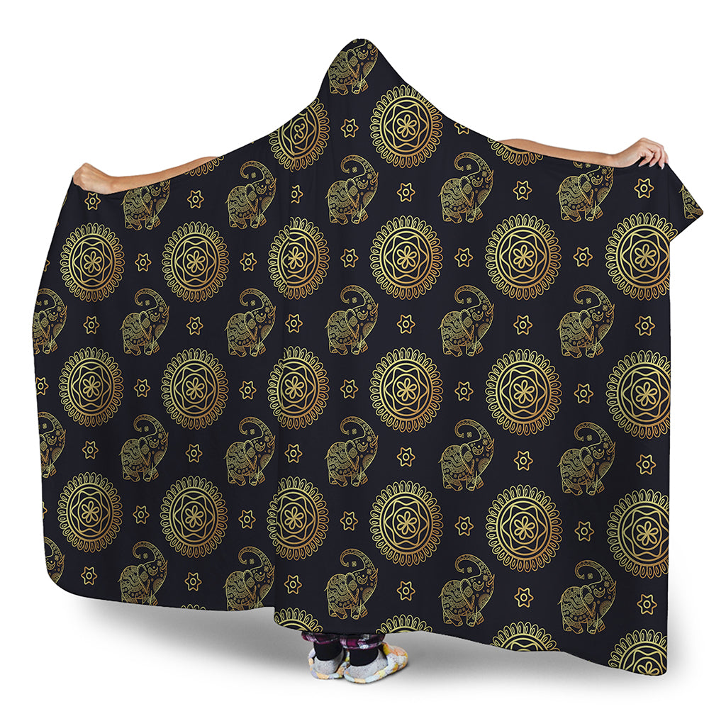 Blue And Gold Tribal Elephant Print Hooded Blanket