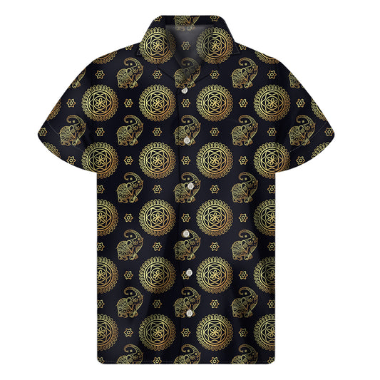 Blue And Gold Tribal Elephant Print Men's Short Sleeve Shirt