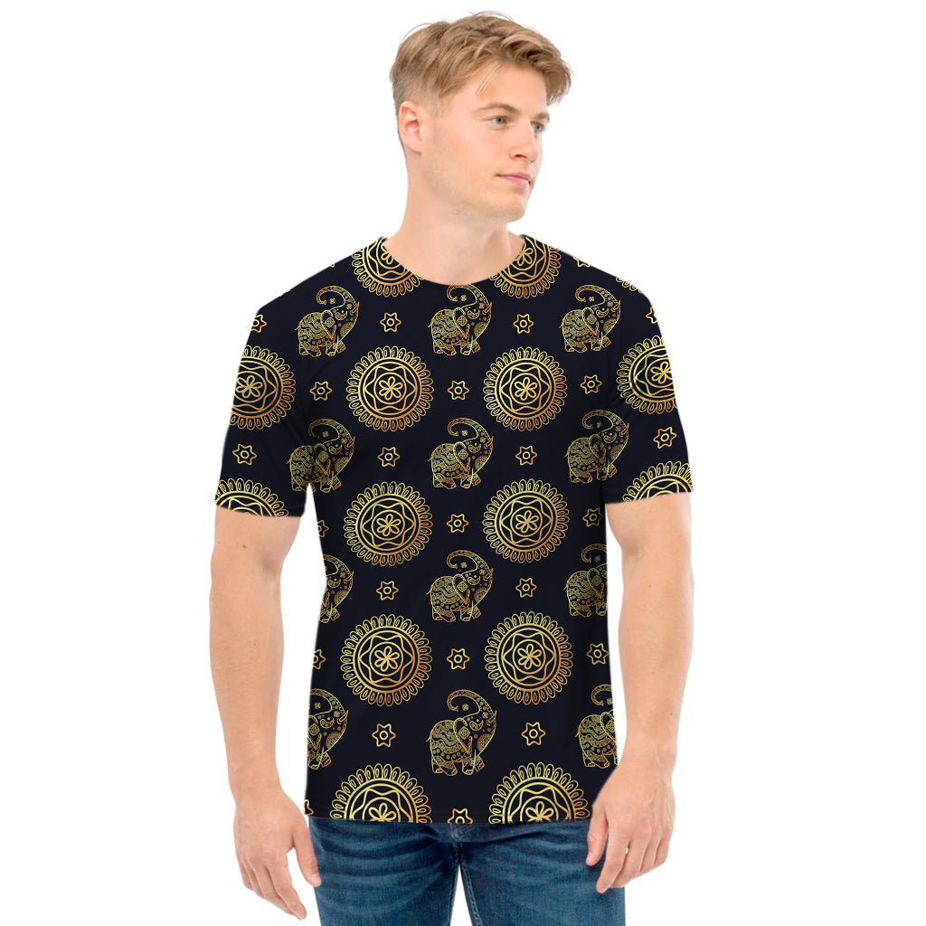 Blue And Gold Tribal Elephant Print Men's T-Shirt