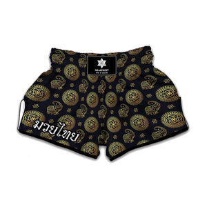 Blue And Gold Tribal Elephant Print Muay Thai Boxing Shorts