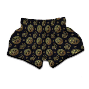 Blue And Gold Tribal Elephant Print Muay Thai Boxing Shorts