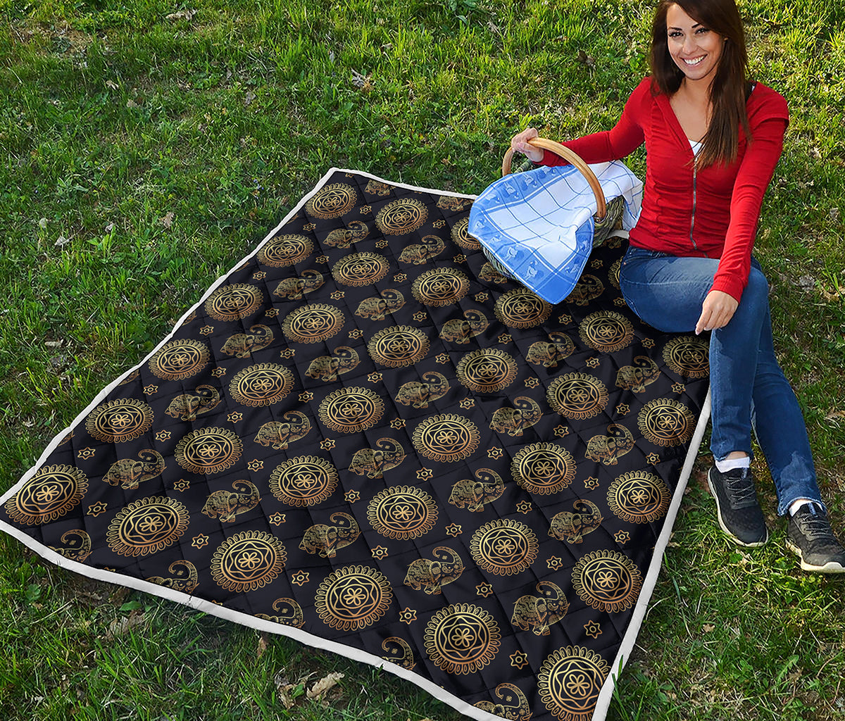 Blue And Gold Tribal Elephant Print Quilt