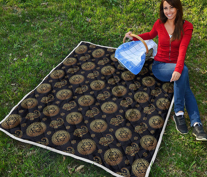 Blue And Gold Tribal Elephant Print Quilt