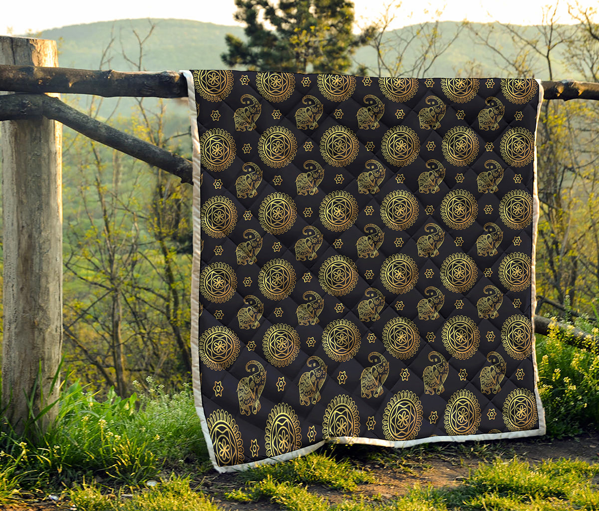 Blue And Gold Tribal Elephant Print Quilt
