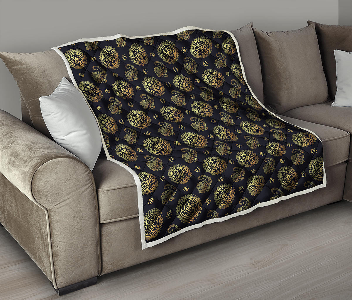 Blue And Gold Tribal Elephant Print Quilt