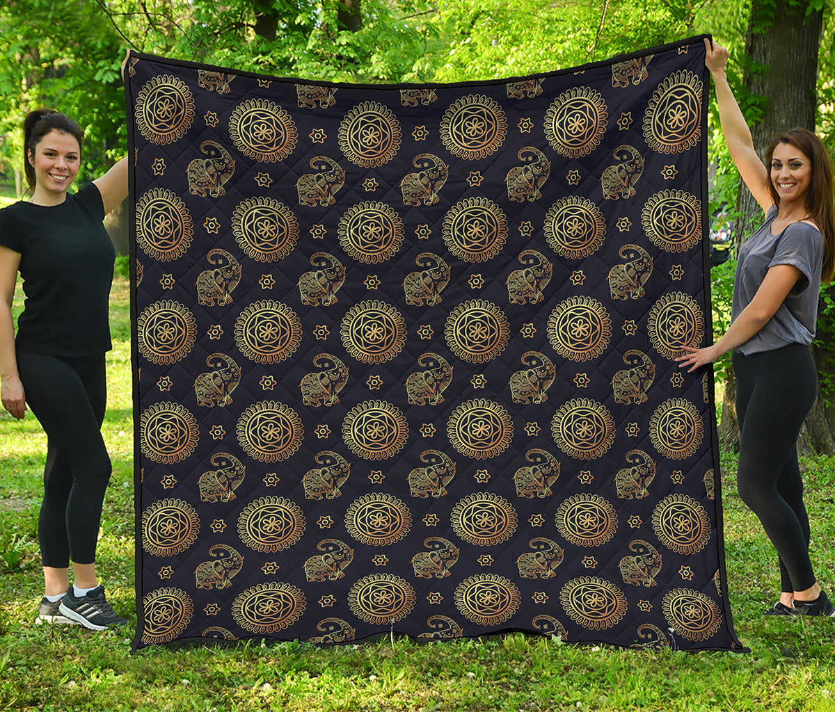 Blue And Gold Tribal Elephant Print Quilt