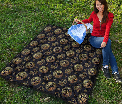 Blue And Gold Tribal Elephant Print Quilt