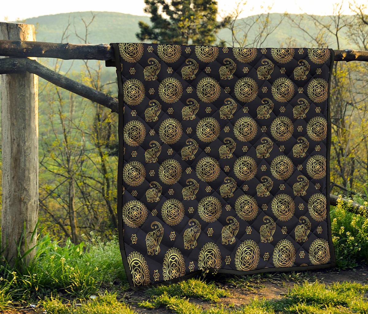 Blue And Gold Tribal Elephant Print Quilt