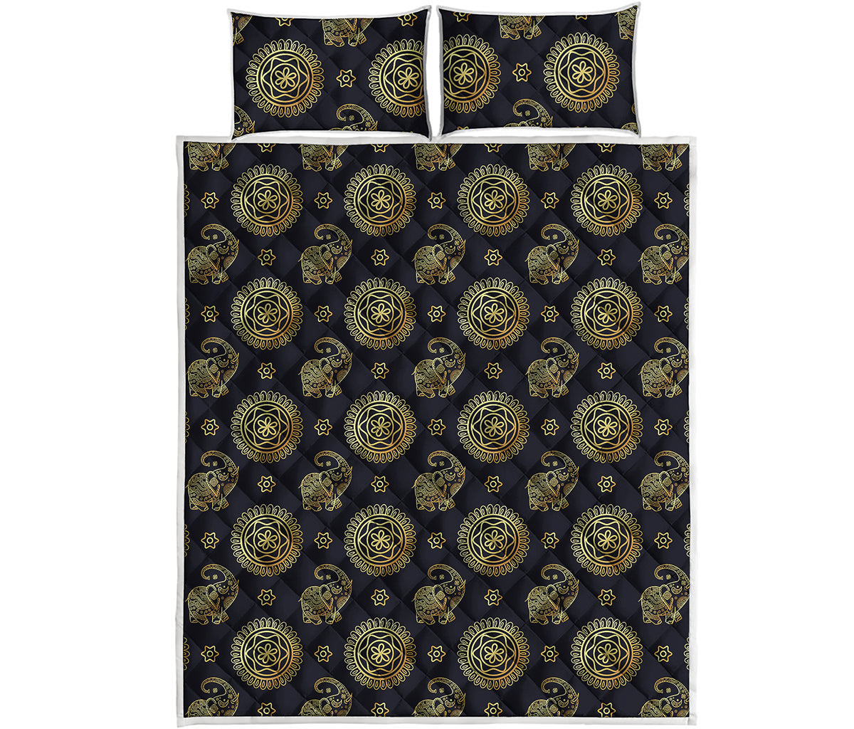 Blue And Gold Tribal Elephant Print Quilt Bed Set