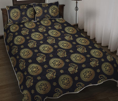 Blue And Gold Tribal Elephant Print Quilt Bed Set