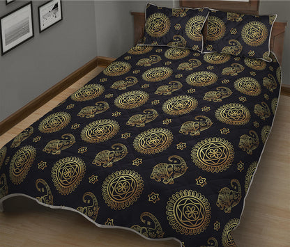 Blue And Gold Tribal Elephant Print Quilt Bed Set