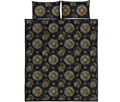 Blue And Gold Tribal Elephant Print Quilt Bed Set