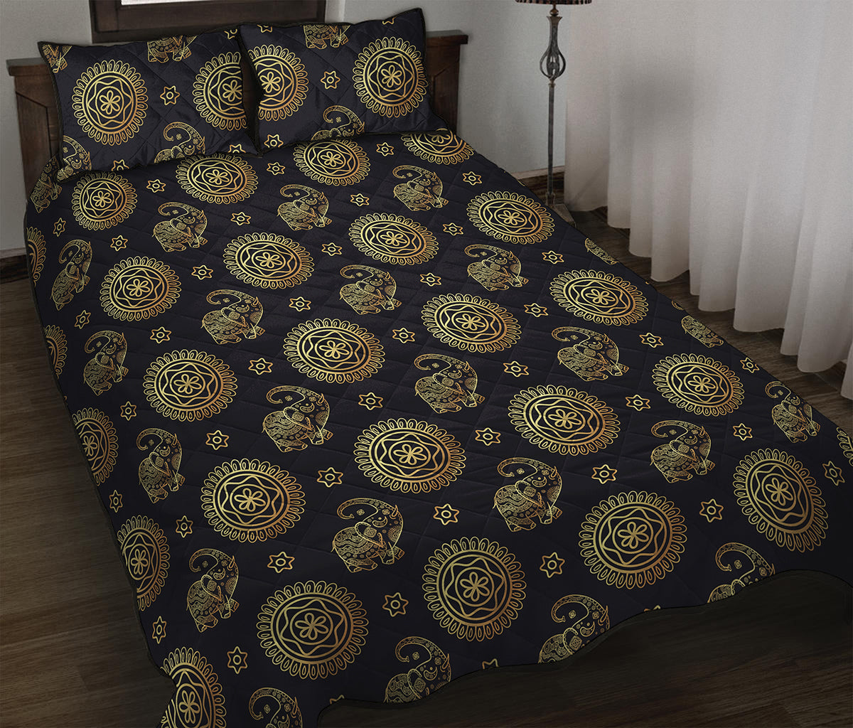 Blue And Gold Tribal Elephant Print Quilt Bed Set