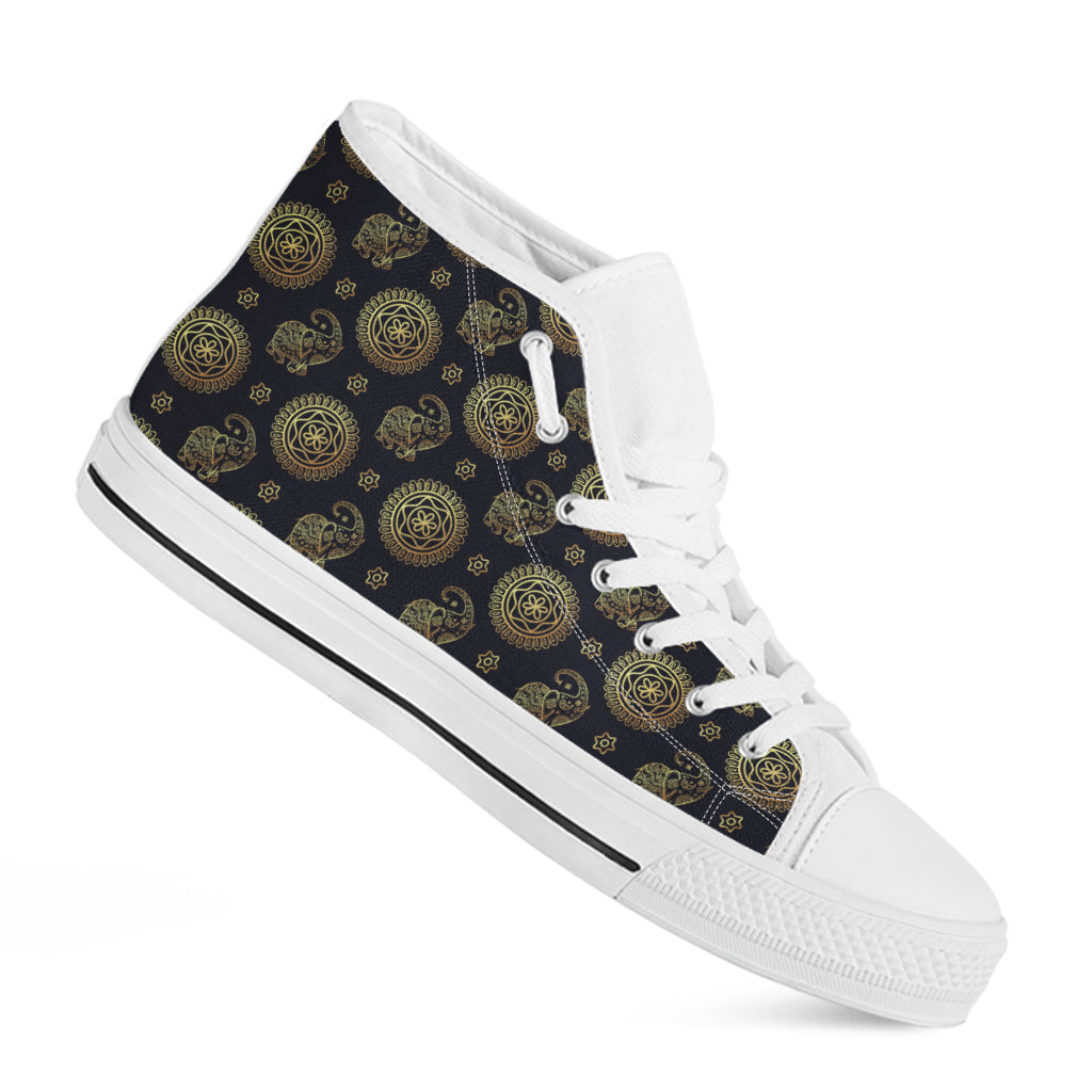 Blue And Gold Tribal Elephant Print White High Top Shoes
