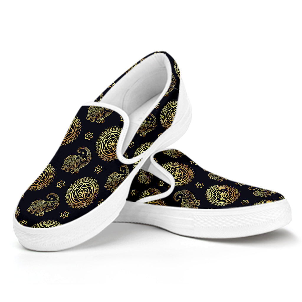 Blue And Gold Tribal Elephant Print White Slip On Shoes