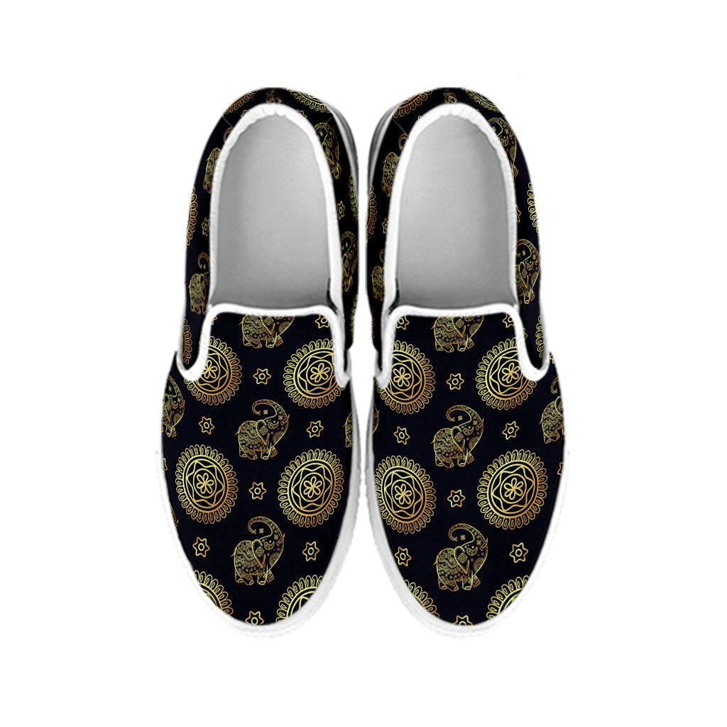 Blue And Gold Tribal Elephant Print White Slip On Shoes