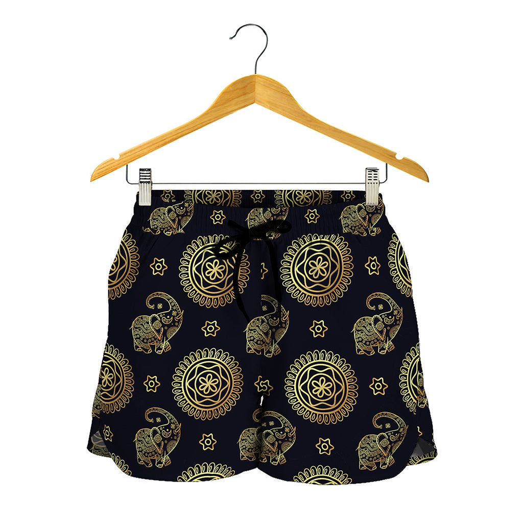 Blue And Gold Tribal Elephant Print Women's Shorts