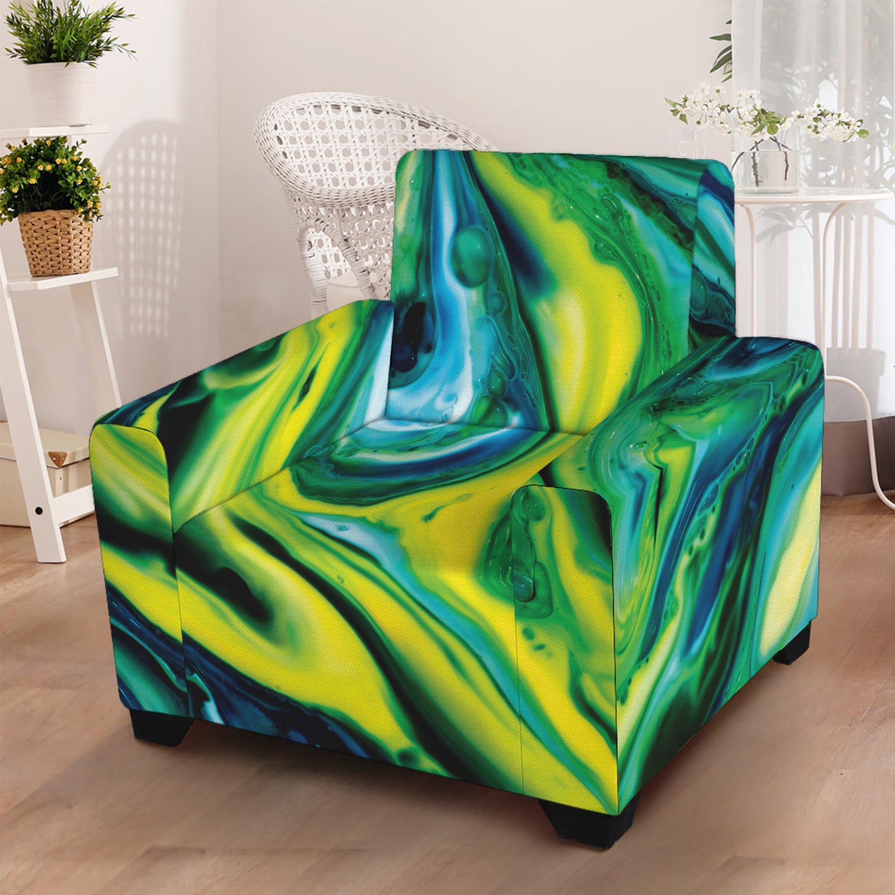 Blue And Green Acid Melt Print Armchair Slipcover