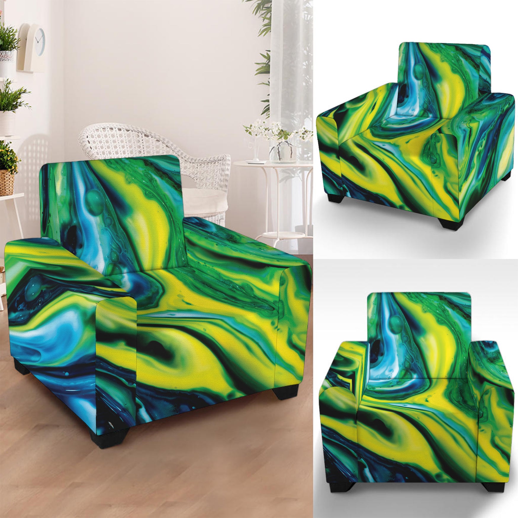 Blue And Green Acid Melt Print Armchair Slipcover