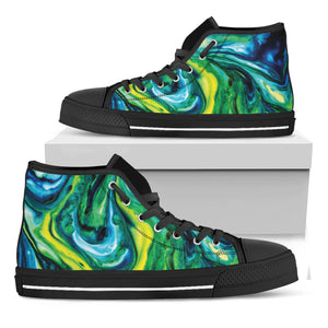 Blue And Green Acid Melt Print Black High Top Shoes