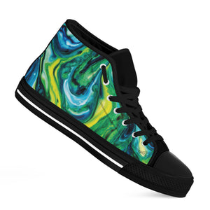 Blue And Green Acid Melt Print Black High Top Shoes