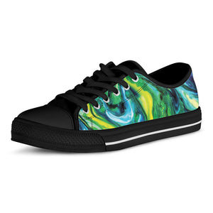 Blue And Green Acid Melt Print Black Low Top Shoes