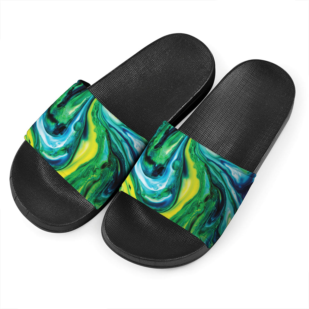 Blue And Green Acid Melt Print Black Slide Sandals