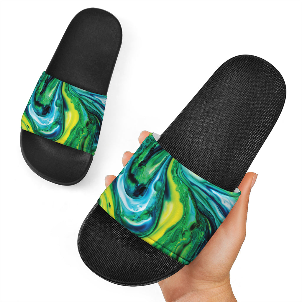 Blue And Green Acid Melt Print Black Slide Sandals