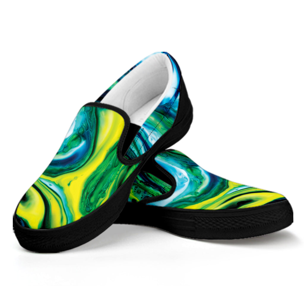 Blue And Green Acid Melt Print Black Slip On Shoes