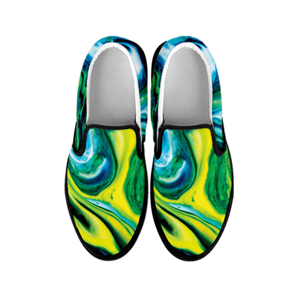 Blue And Green Acid Melt Print Black Slip On Shoes