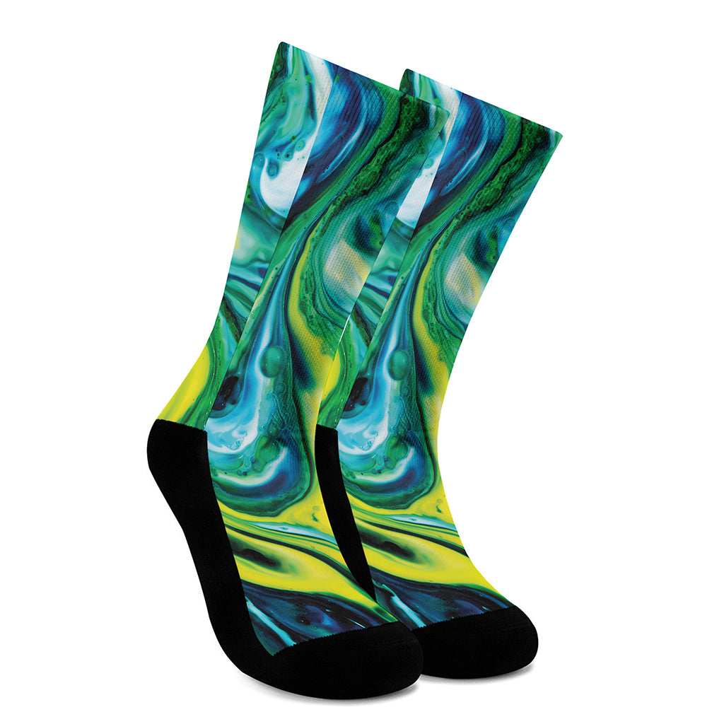 Blue And Green Acid Melt Print Crew Socks