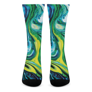 Blue And Green Acid Melt Print Crew Socks